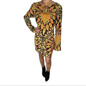Retro Large ZARA Long Sleeve Black Mini Dress with MultiColor Paisley Designs.